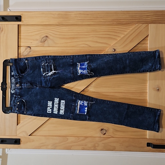 Street Rules Streetwear | Distressed Jeans with Graphic Patches | Boys Size 16 - Picture 1 of 7